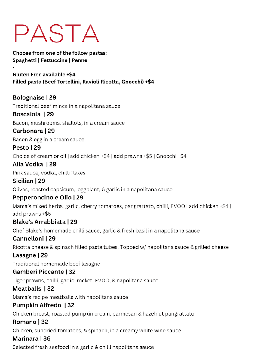 Menu, Nunzios Italian