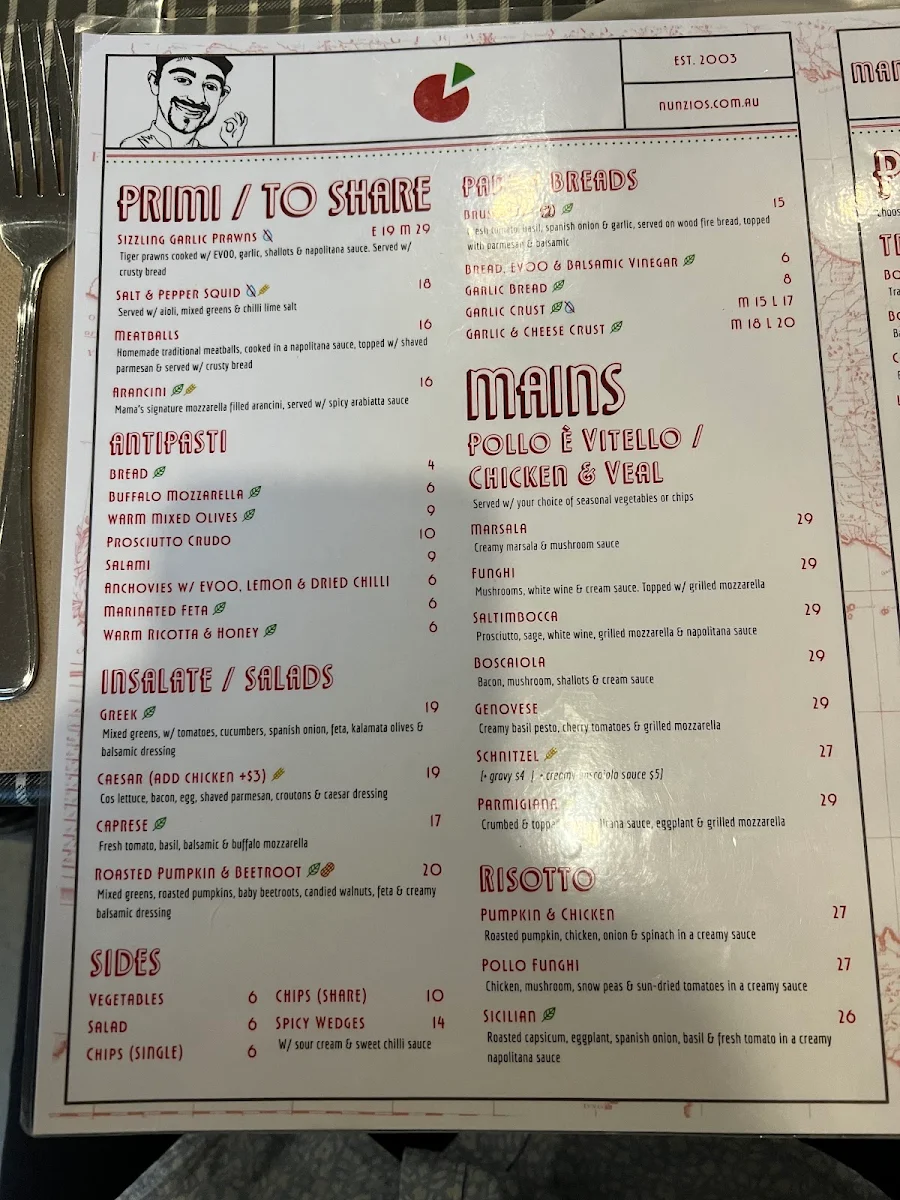 Menu, Nunzios Italian