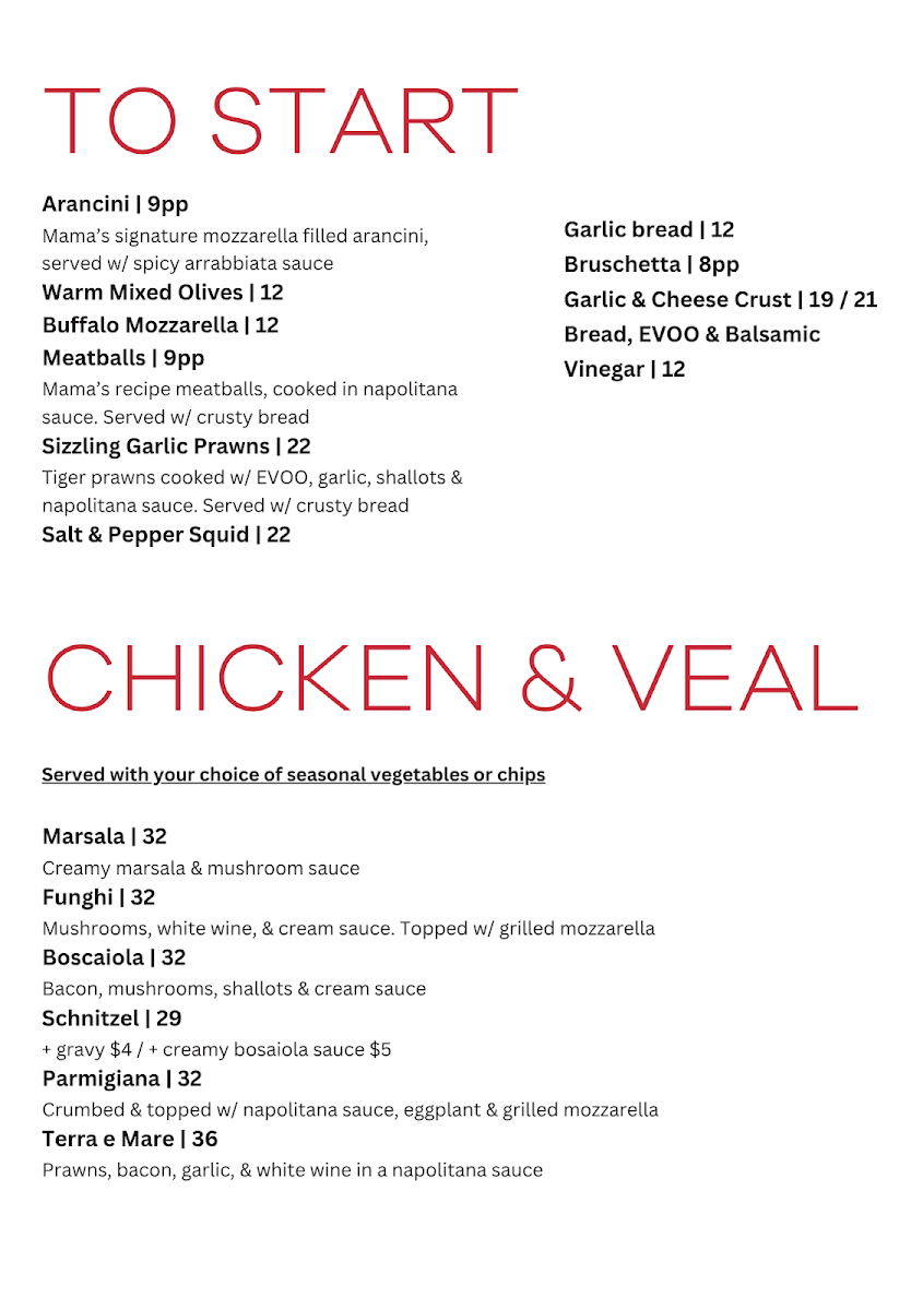 Menu, Nunzios Italian