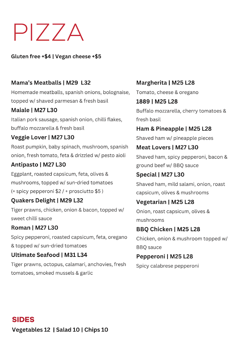 Menu, Nunzios Italian