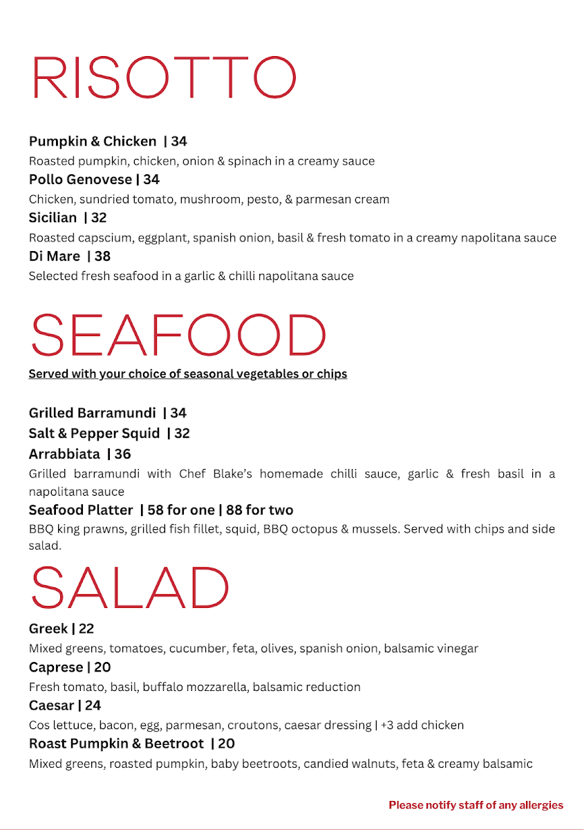 Menu, Nunzios Italian