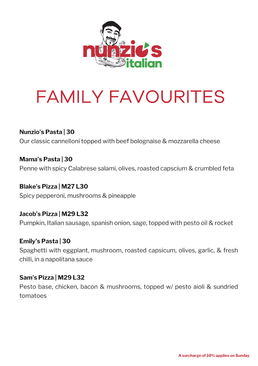 Menu, Nunzios Italian