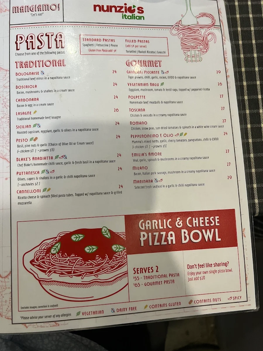 Menu, Nunzios Italian