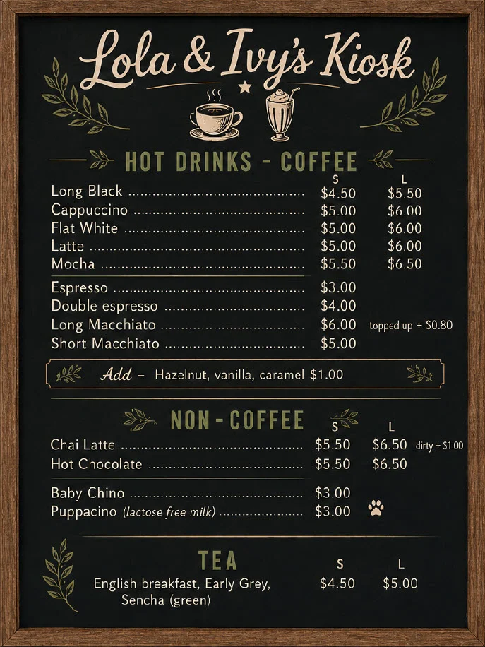 Menu, Lola & Ivy’s Kiosk