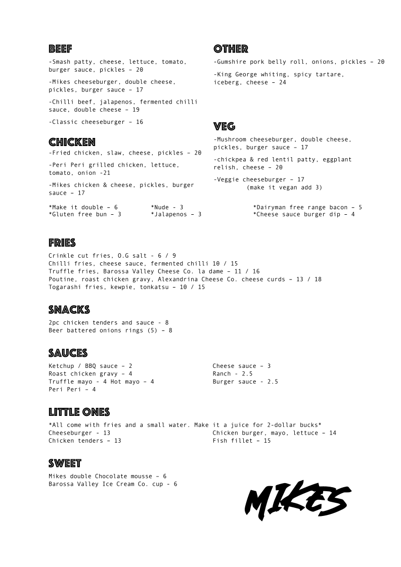 Menu, Mikes