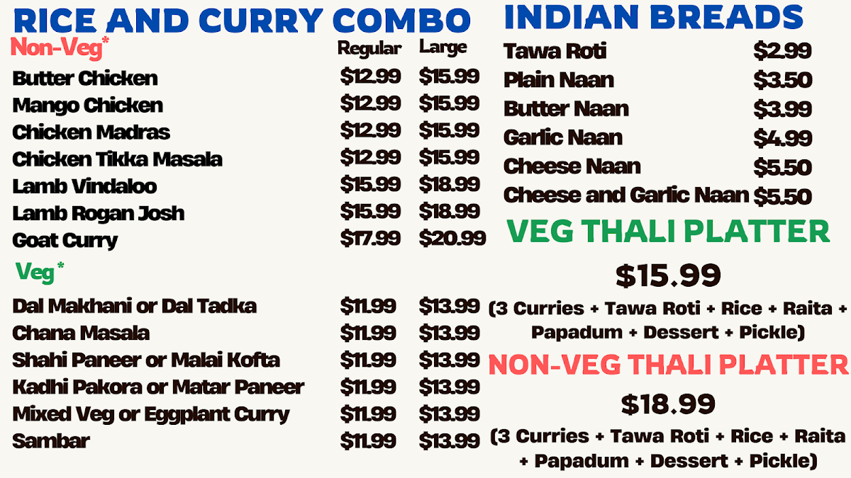 Menu, INDIAN DHABA