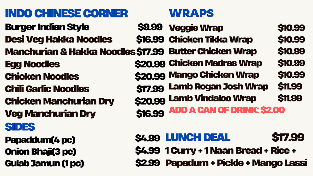 Menu, INDIAN DHABA