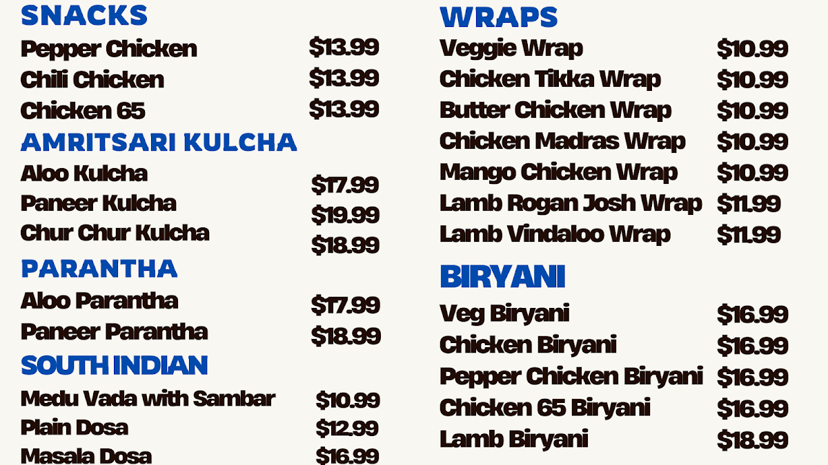 Menu, INDIAN DHABA