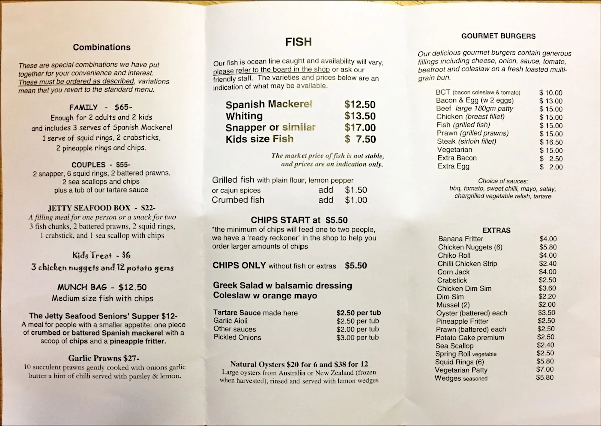 Menu, The Jetty Seafood Shack