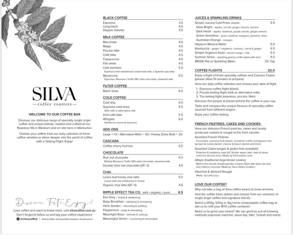 Menu, Silva Coffee Roasters
