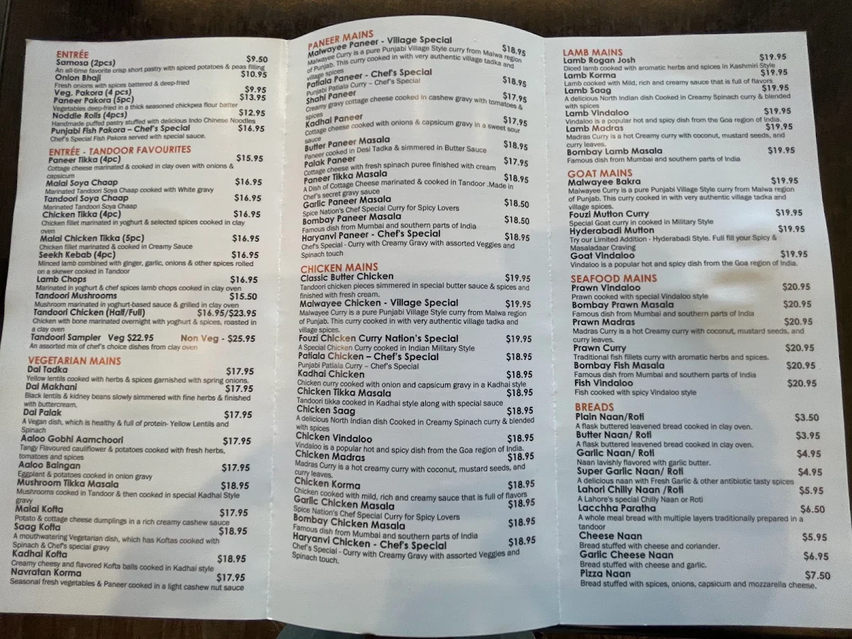 Menu, Spice Nation Burwood