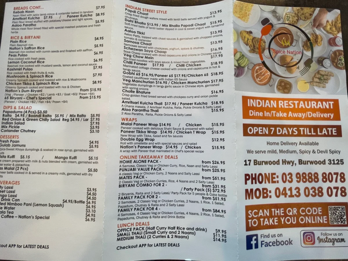 Menu, Spice Nation Burwood
