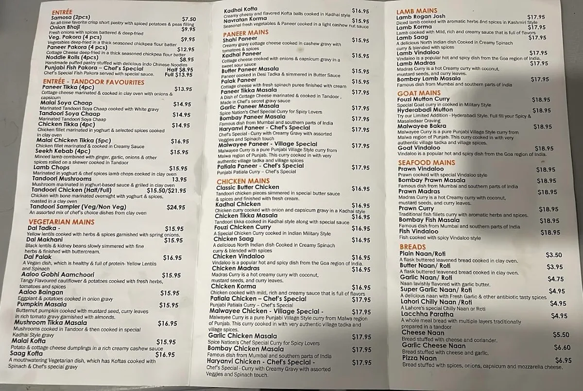 Menu, Spice Nation Burwood