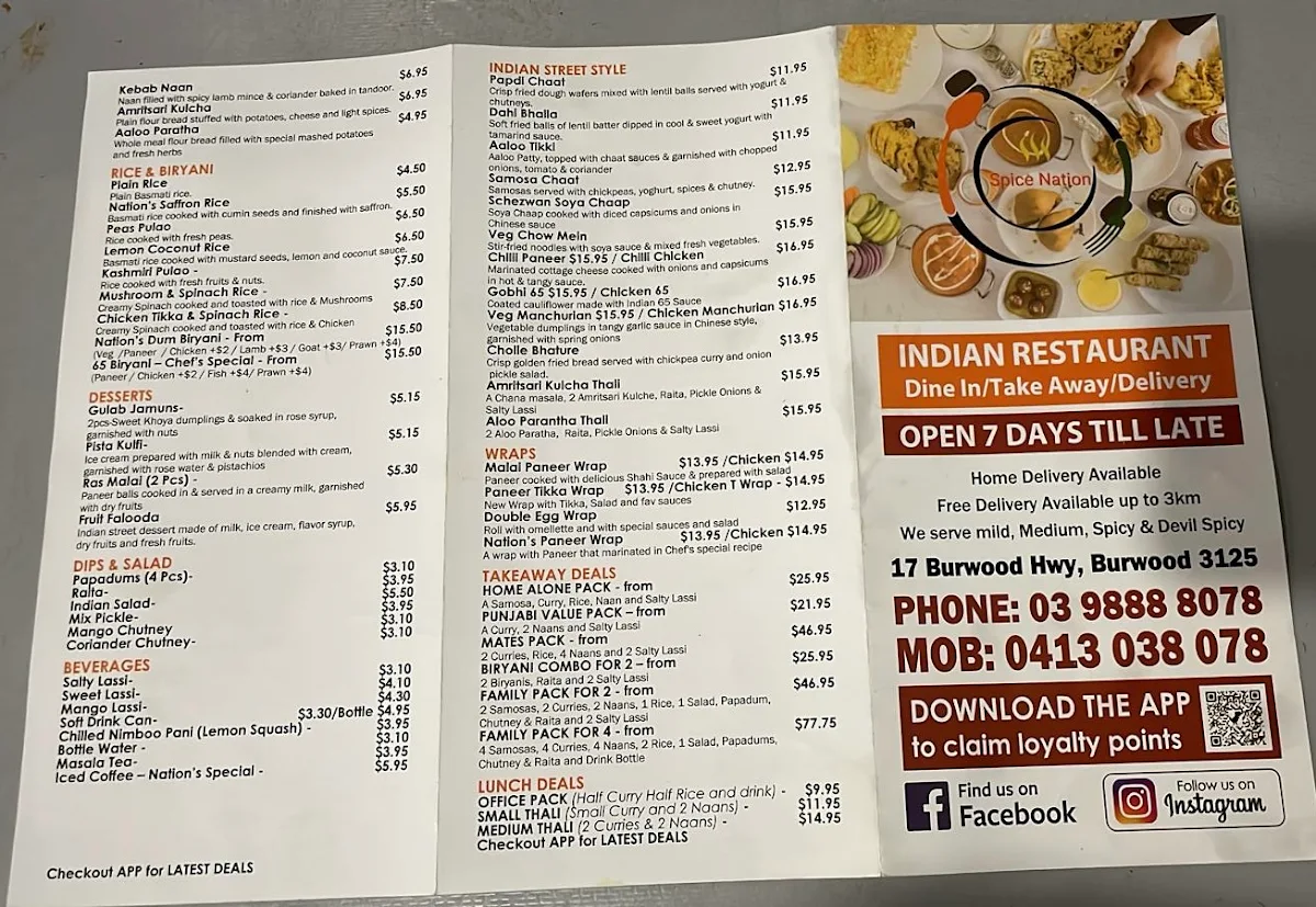 Menu, Spice Nation Burwood