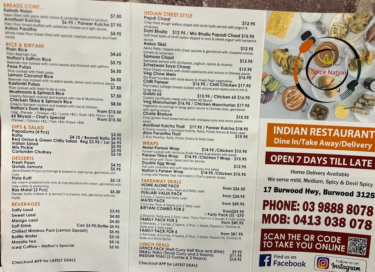 Menu, Spice Nation Burwood
