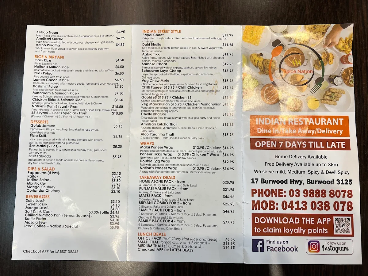 Menu, Spice Nation Burwood