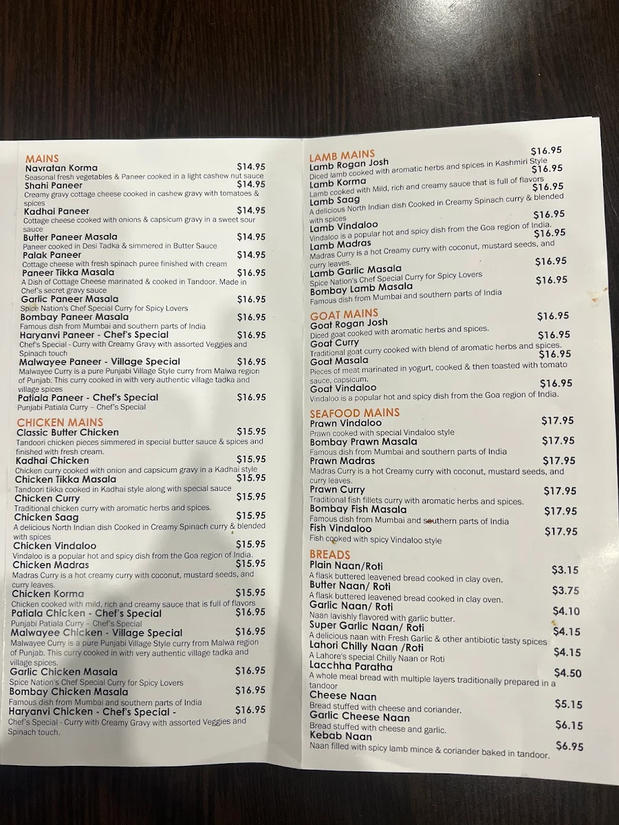 Menu, Spice Nation Burwood