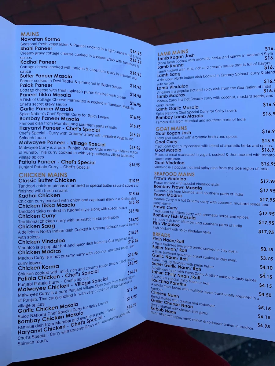 Menu, Spice Nation Burwood