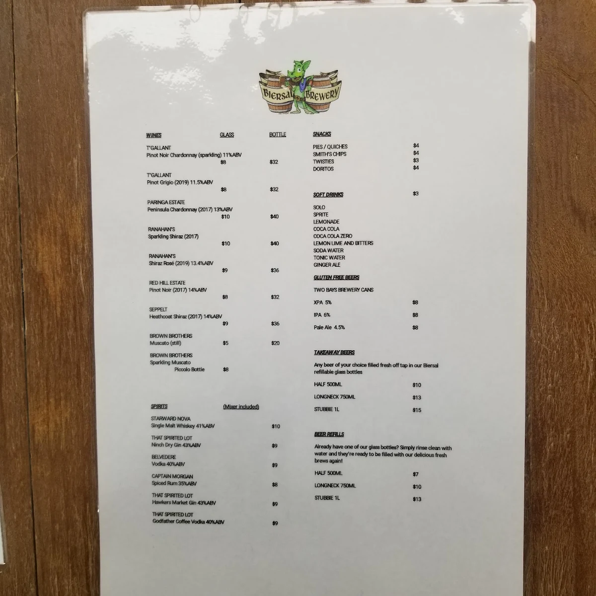 Menu, Biersal Brewery & Beerhall