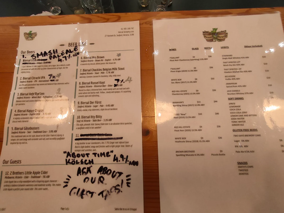 Menu, Biersal Brewery & Beerhall