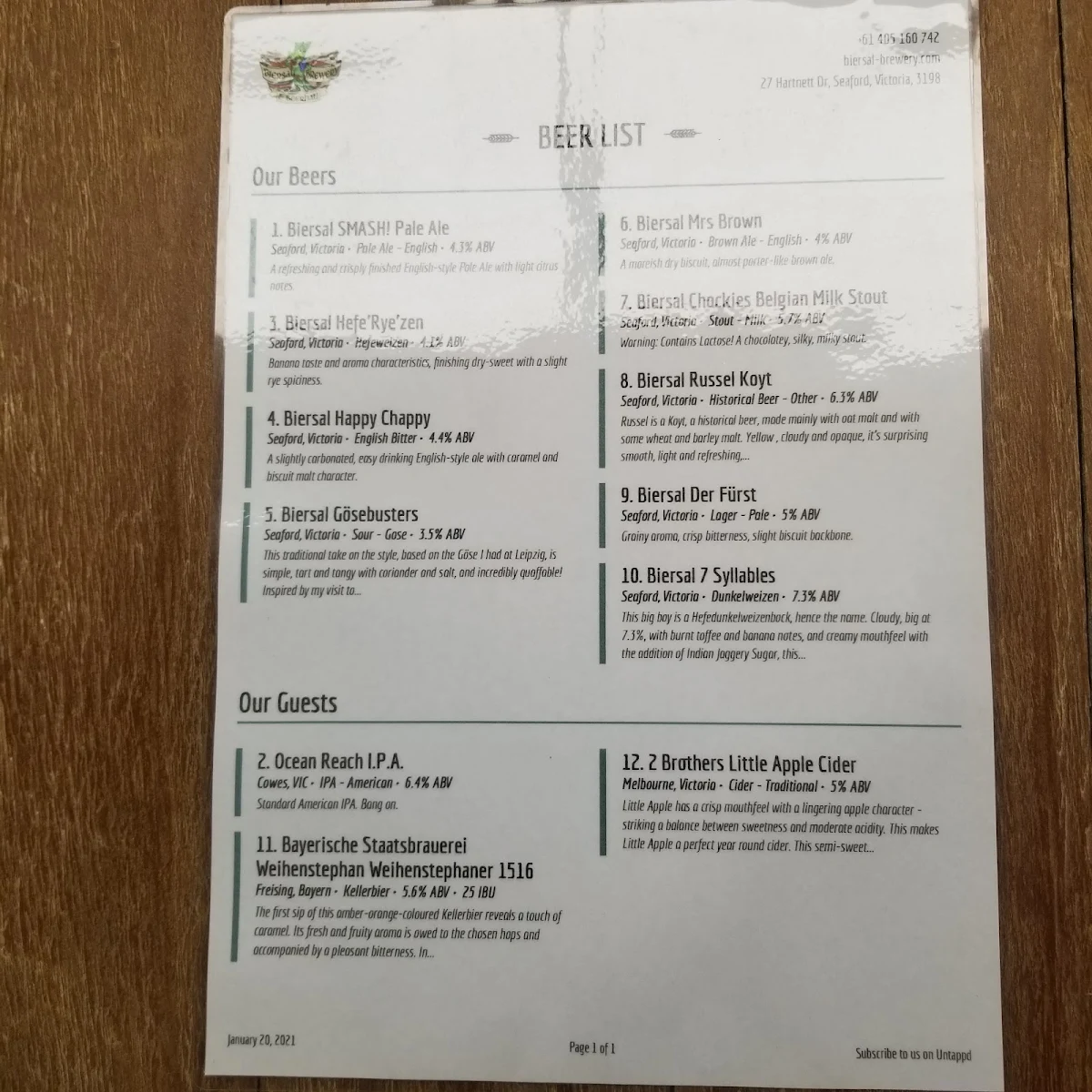 Menu, Biersal Brewery & Beerhall
