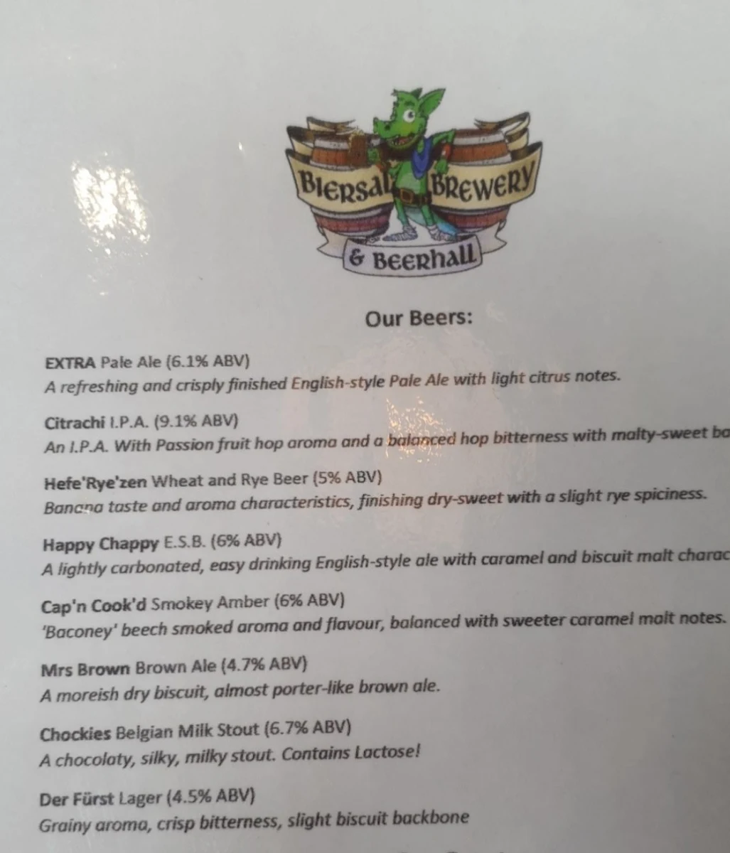 Menu, Biersal Brewery & Beerhall
