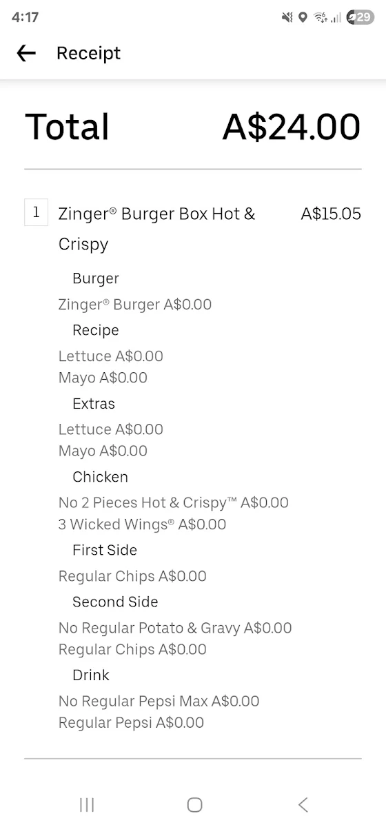 Menu, KFC Granville