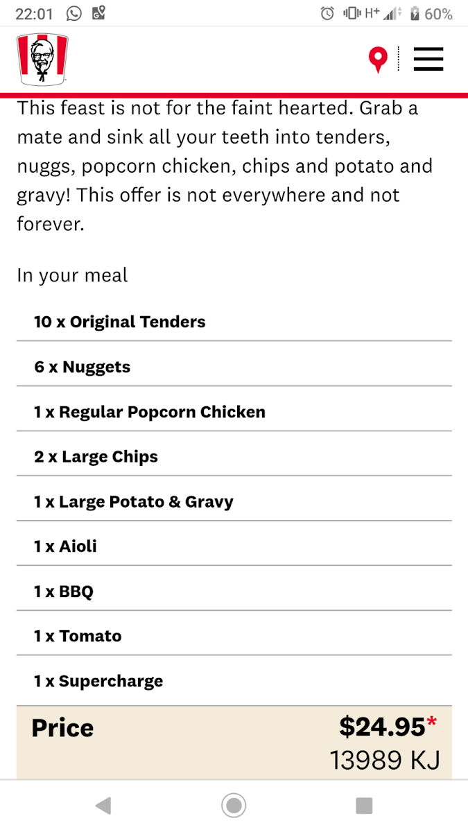 Menu, KFC Granville