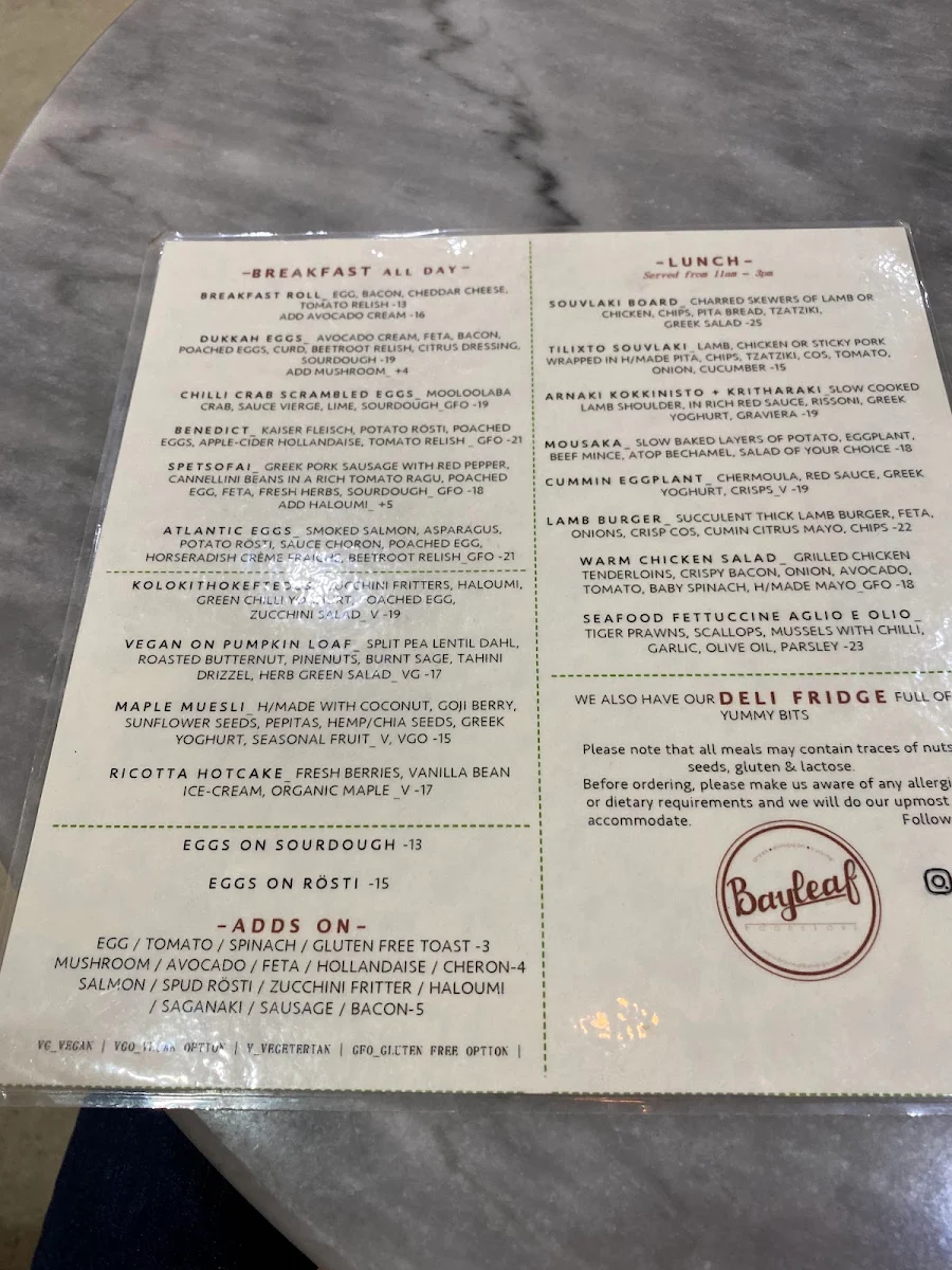 Menu, Bayleaf