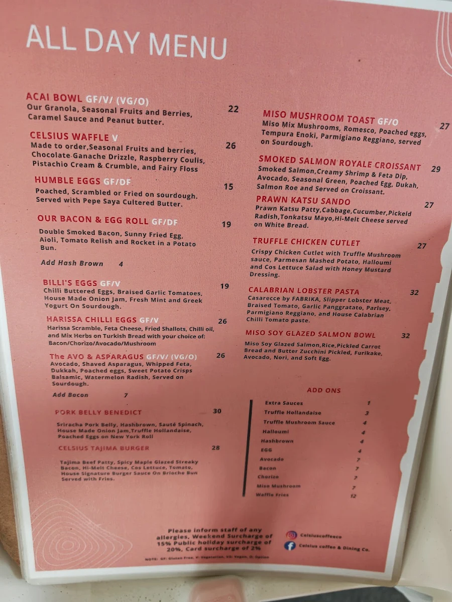 Menu, Celsius Coffee & Dining
