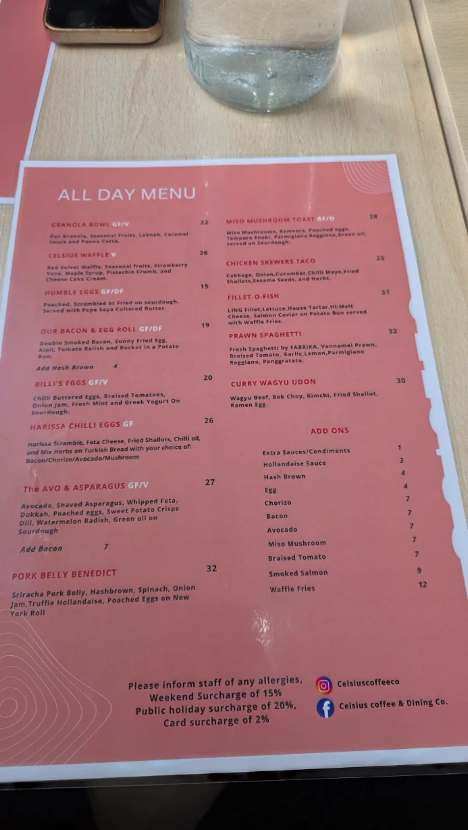Menu, Celsius Coffee & Dining