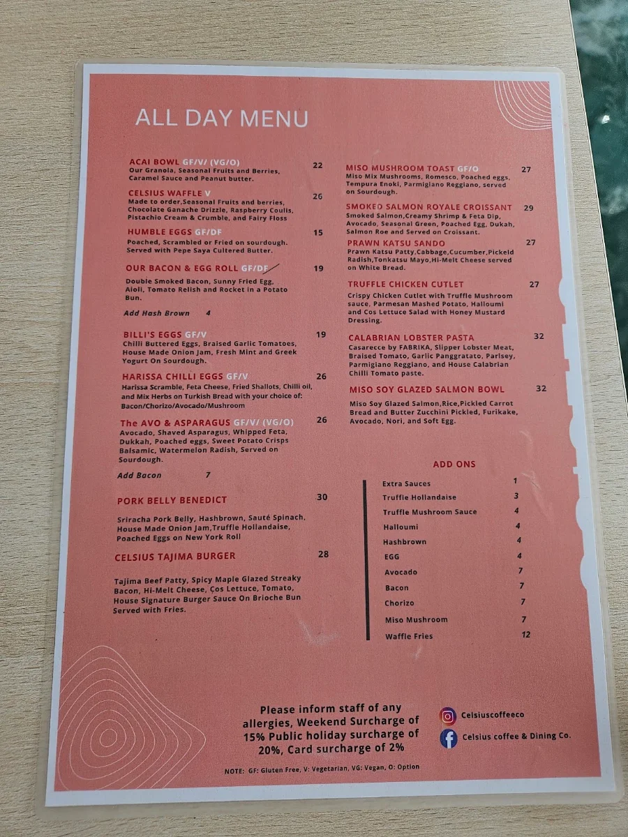 Menu, Celsius Coffee & Dining