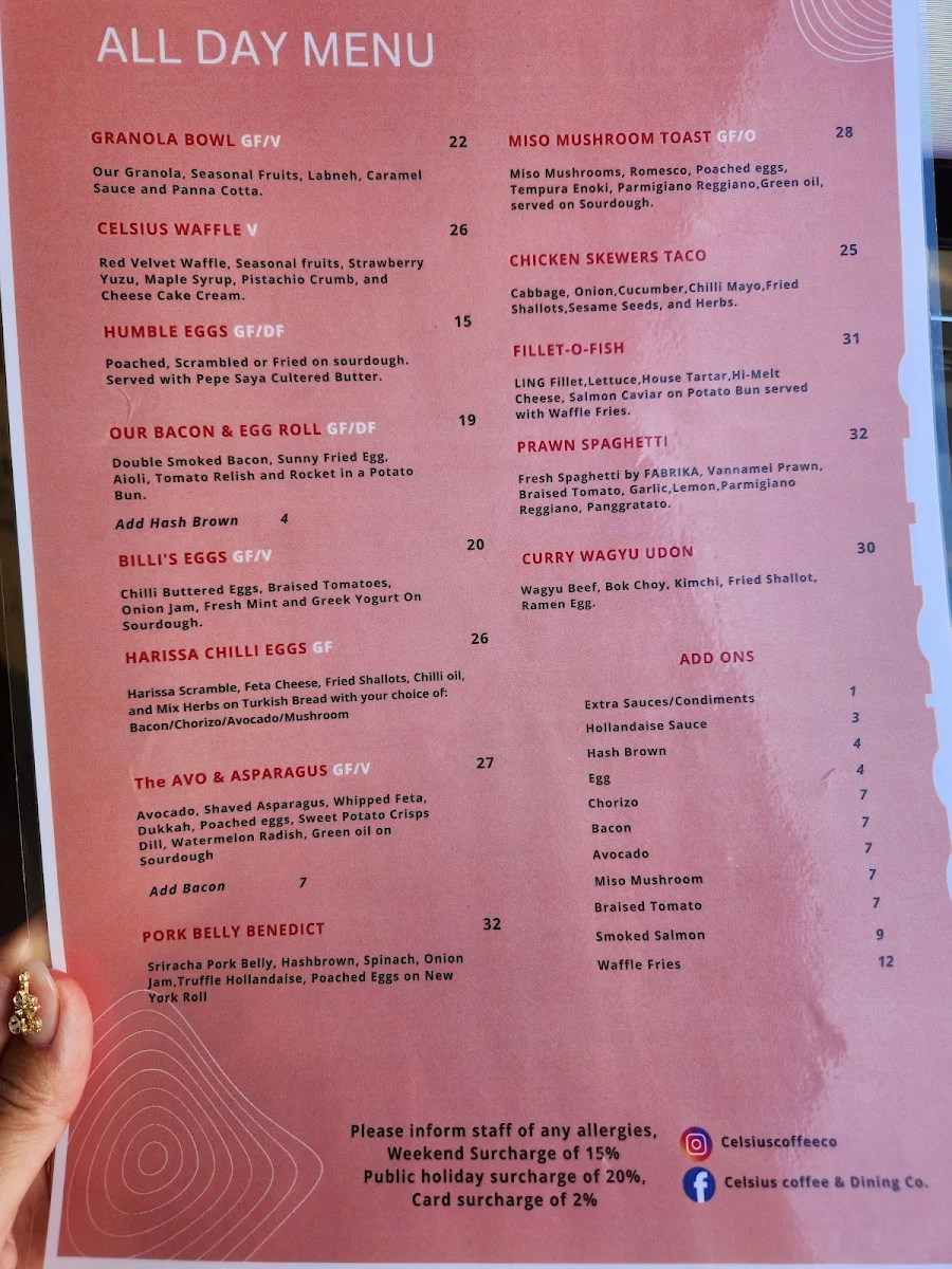 Menu, Celsius Coffee & Dining