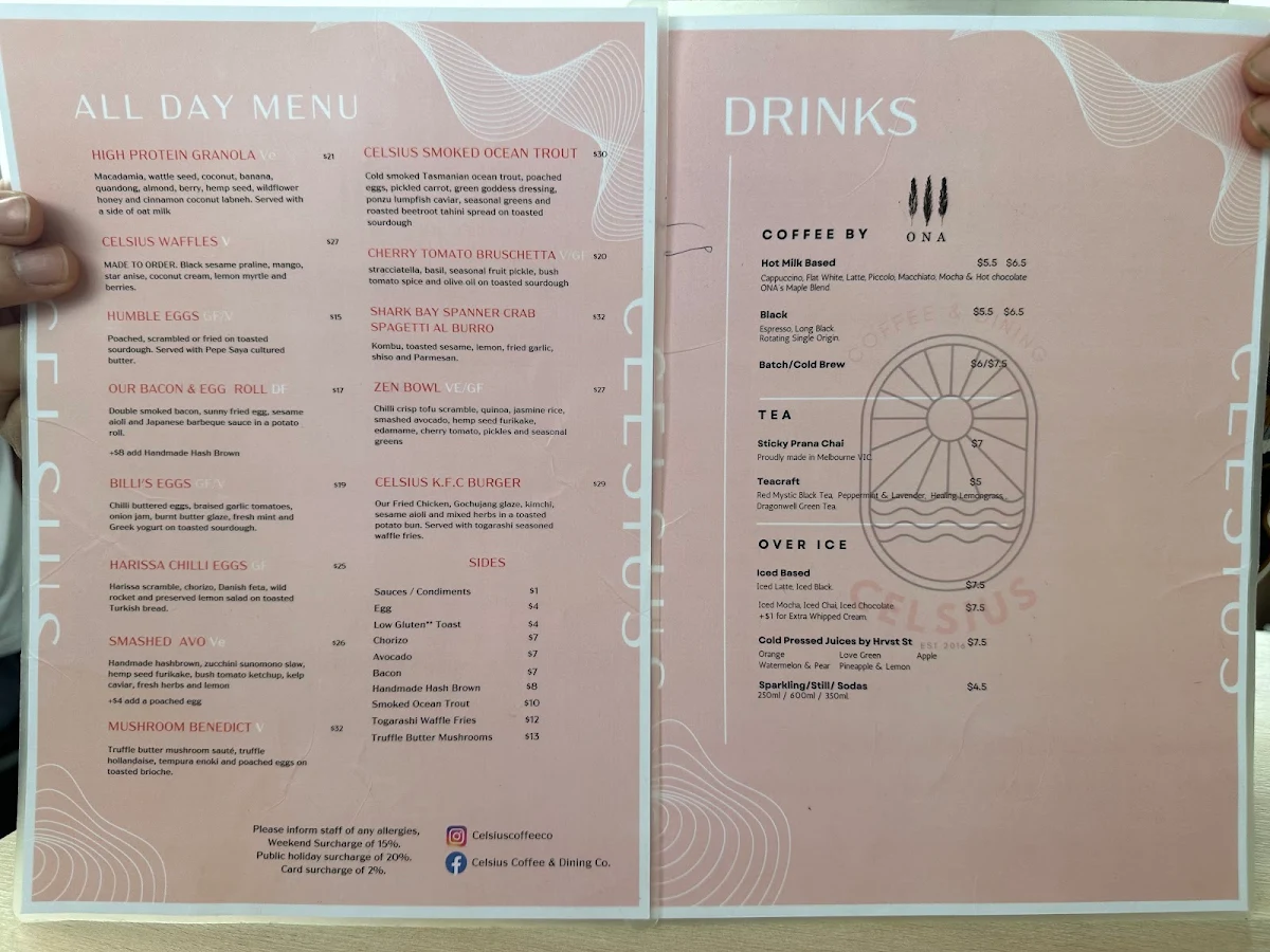 Menu, Celsius Coffee & Dining