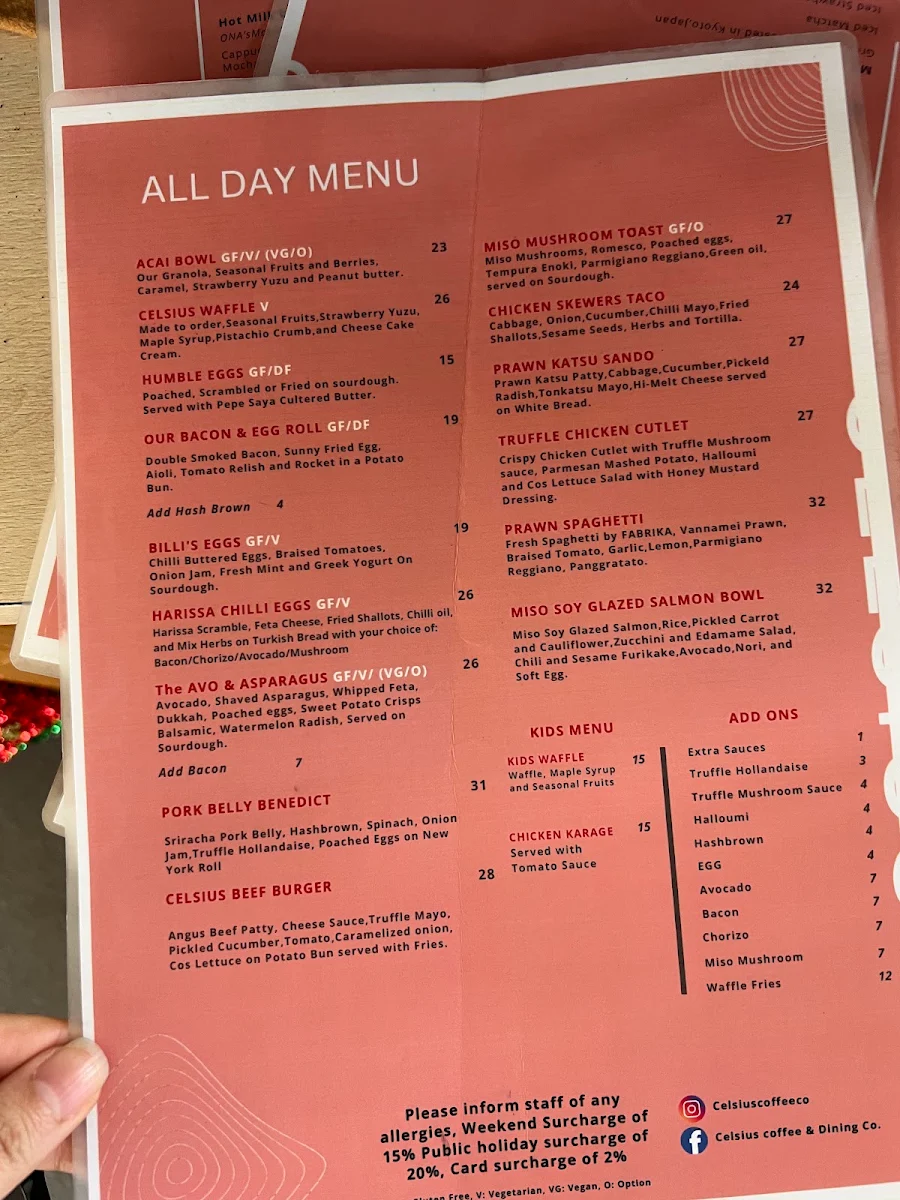 Menu, Celsius Coffee & Dining