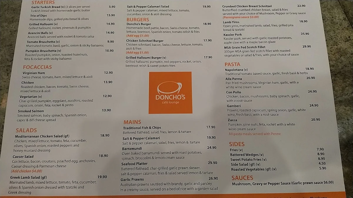 Menu, Doncho's Cafe