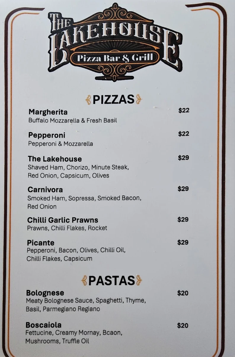 Menu, The Lakehouse Pizza Bar and Grill