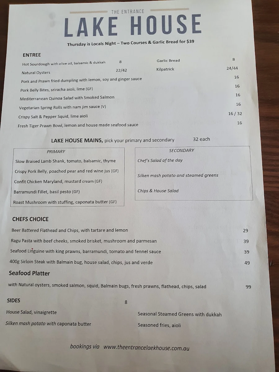 Menu, The Lakehouse Pizza Bar and Grill
