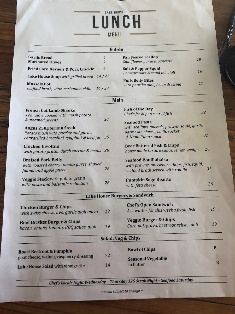 Menu, The Lakehouse Pizza Bar and Grill