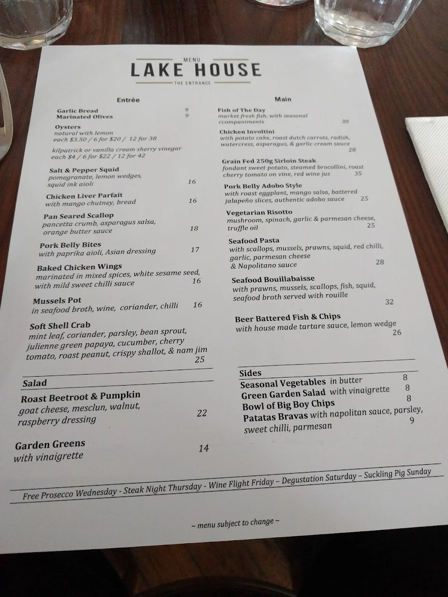 Menu, The Lakehouse Pizza Bar and Grill