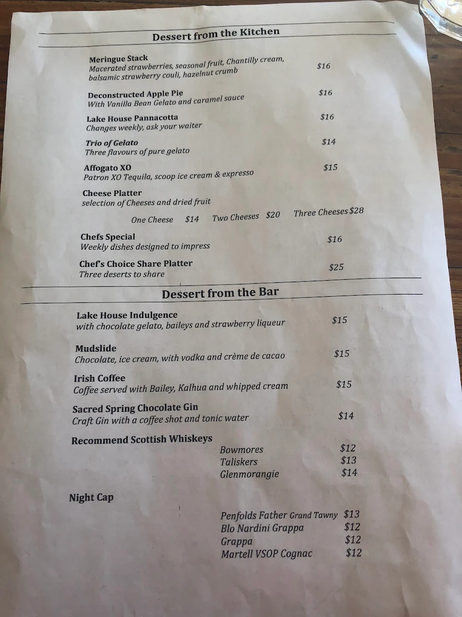 Menu, The Lakehouse Pizza Bar and Grill