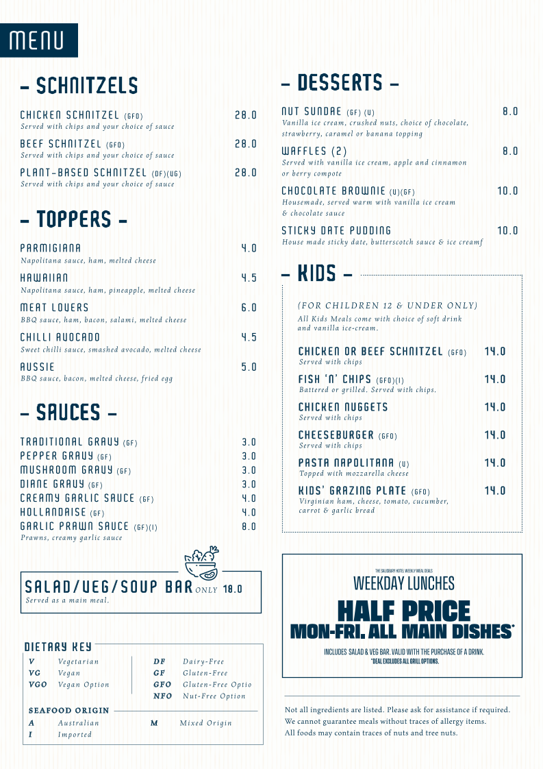 Menu, Salisbury Hotel