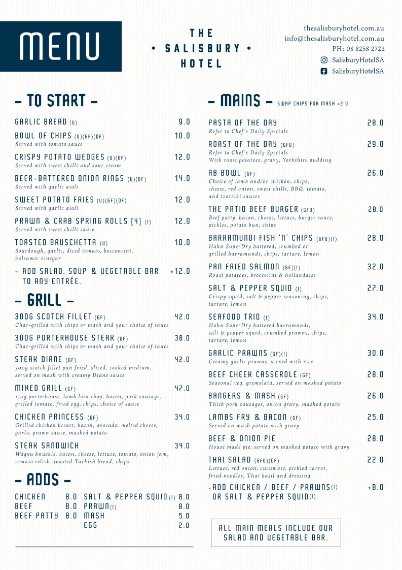 Menu, Salisbury Hotel
