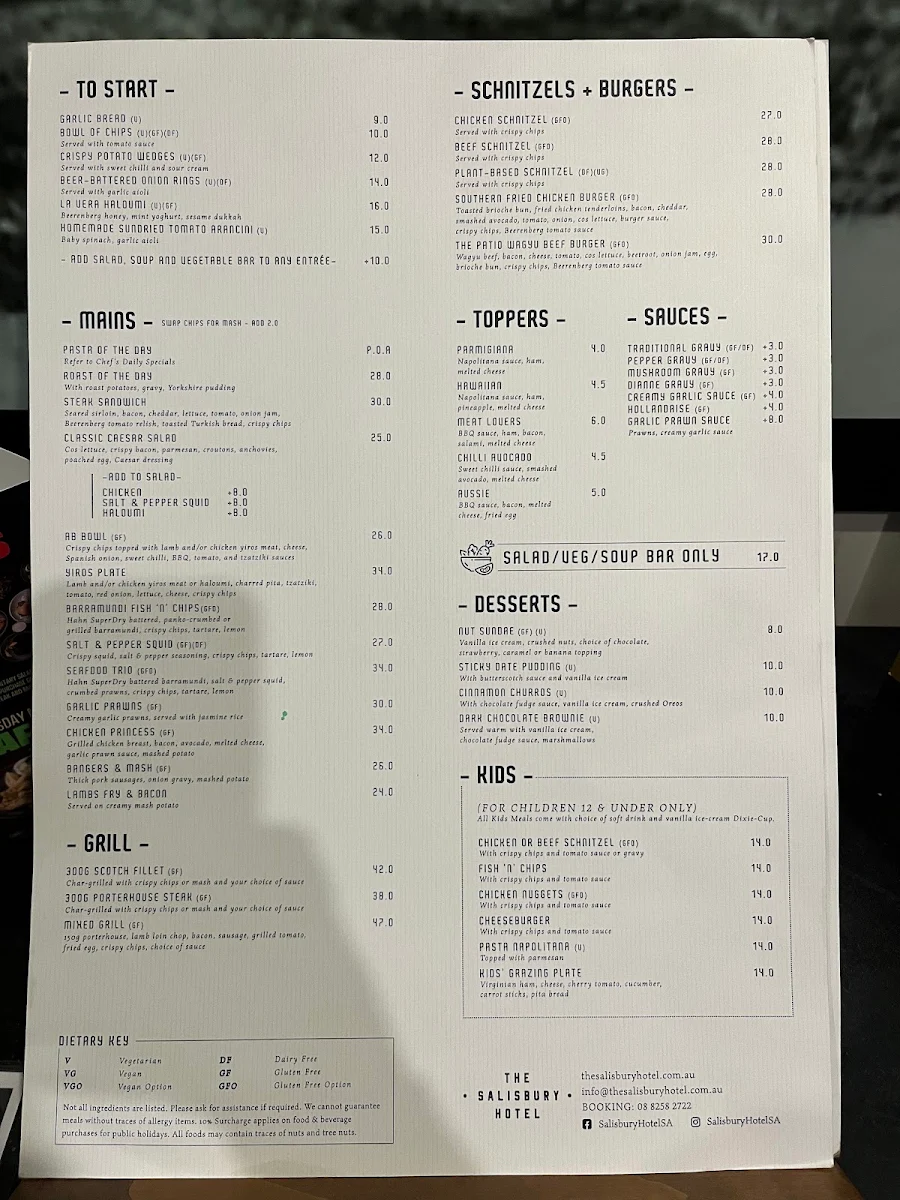 Menu, Salisbury Hotel