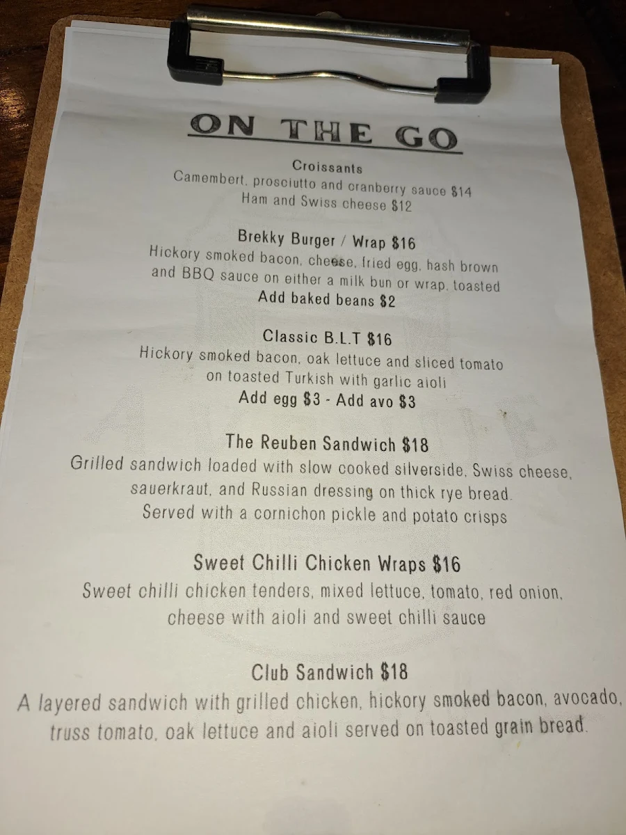 Menu, Avenue Cafe - Bar