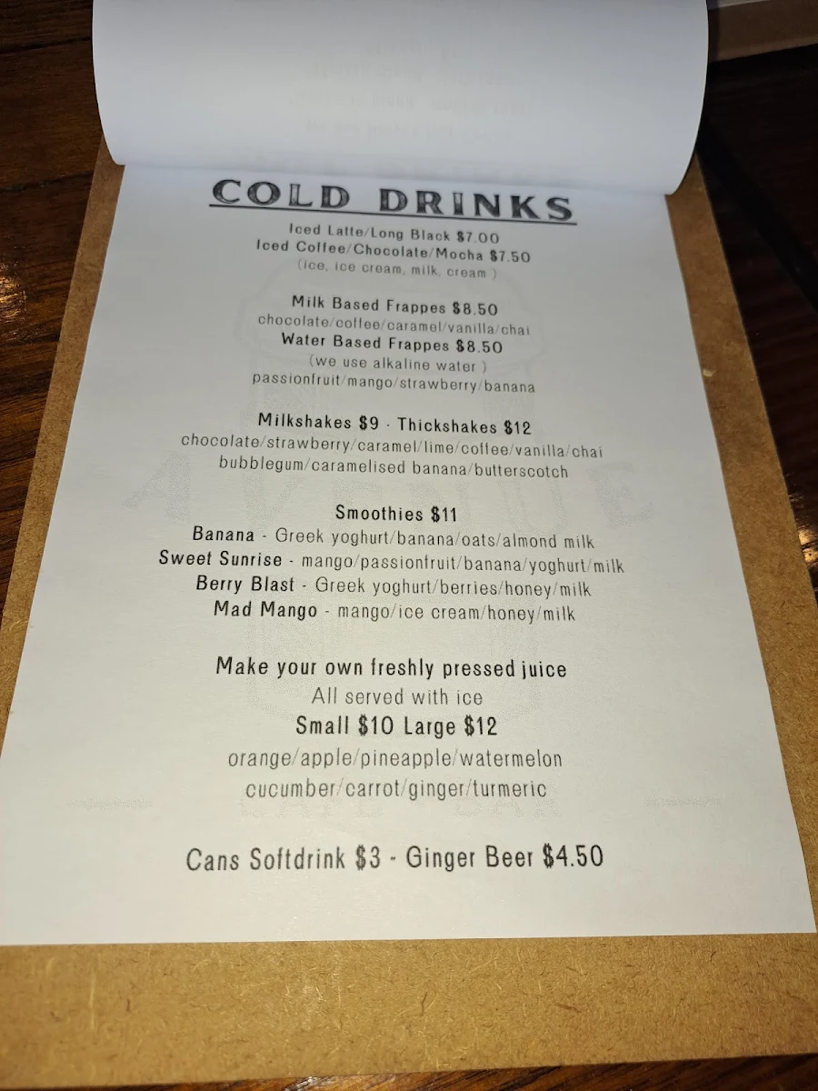 Menu, Avenue Cafe - Bar