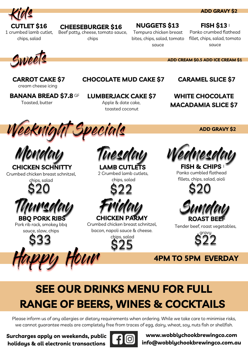 Menu, Wobbly Chook Brewing Co