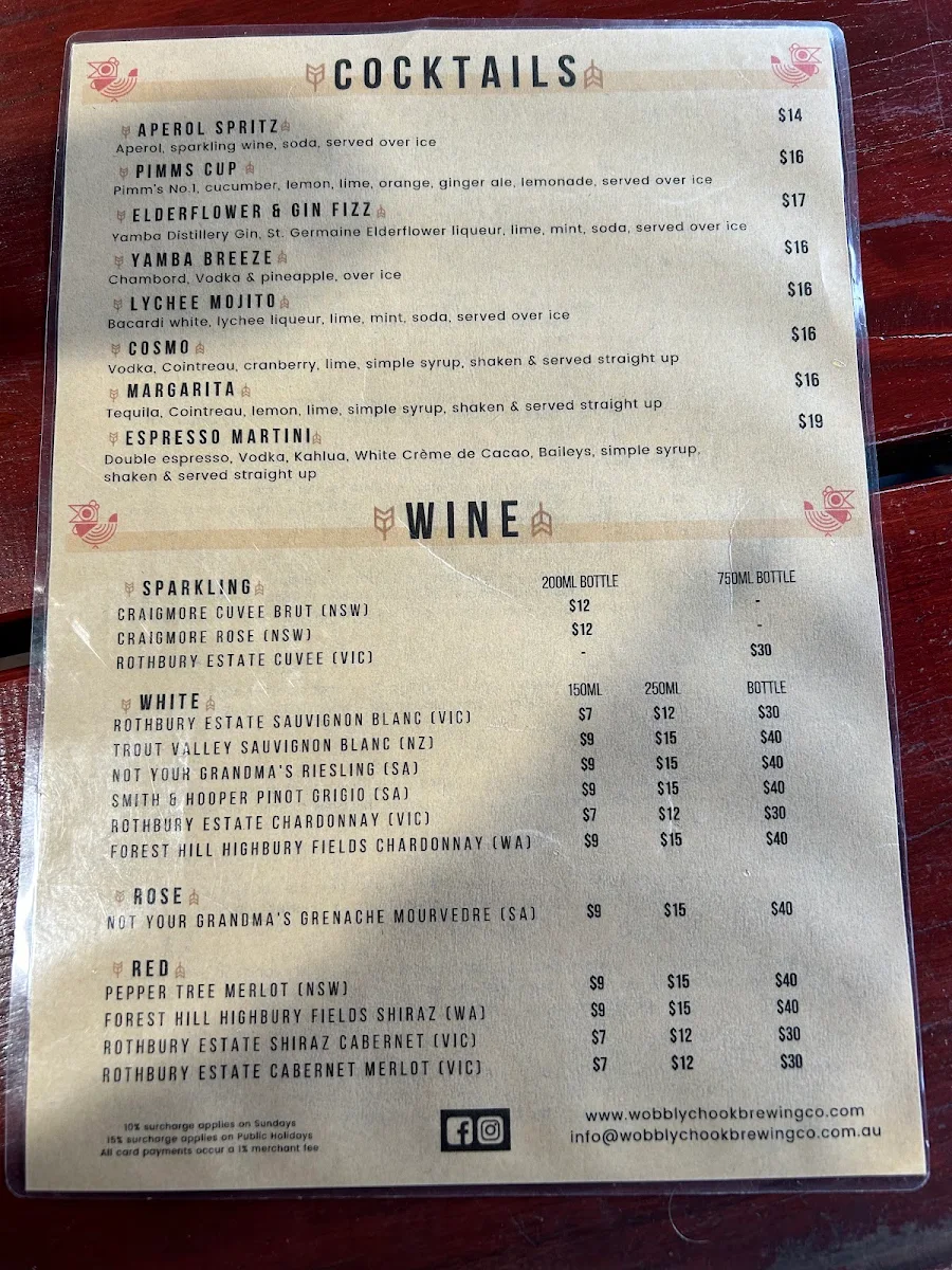 Menu, Wobbly Chook Brewing Co