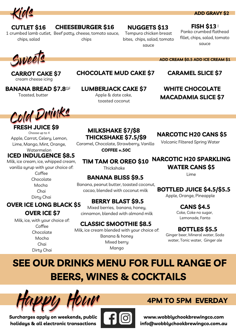 Menu, Wobbly Chook Brewing Co