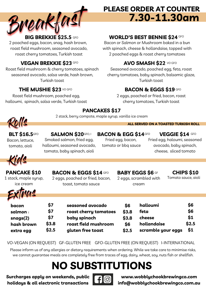 Menu, Wobbly Chook Brewing Co
